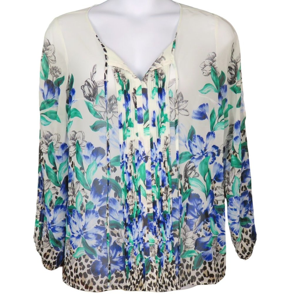 White House Black Market Semi Sheer Floral Animal Print Peasant Top Size 14 EUC